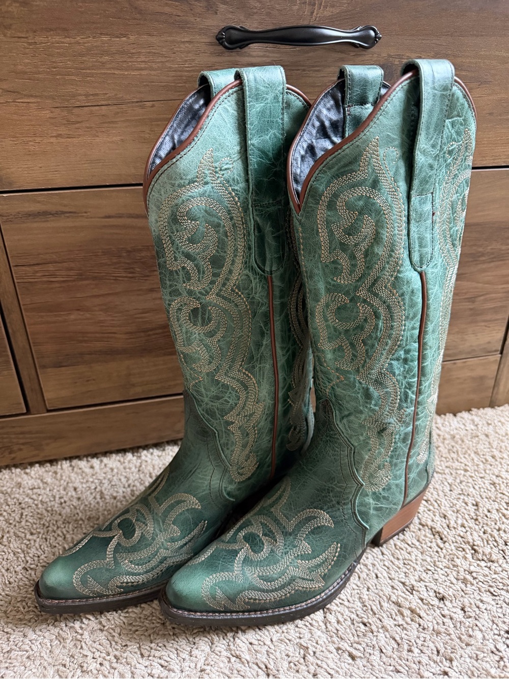 Green Embroidered Western Knee-High Boots